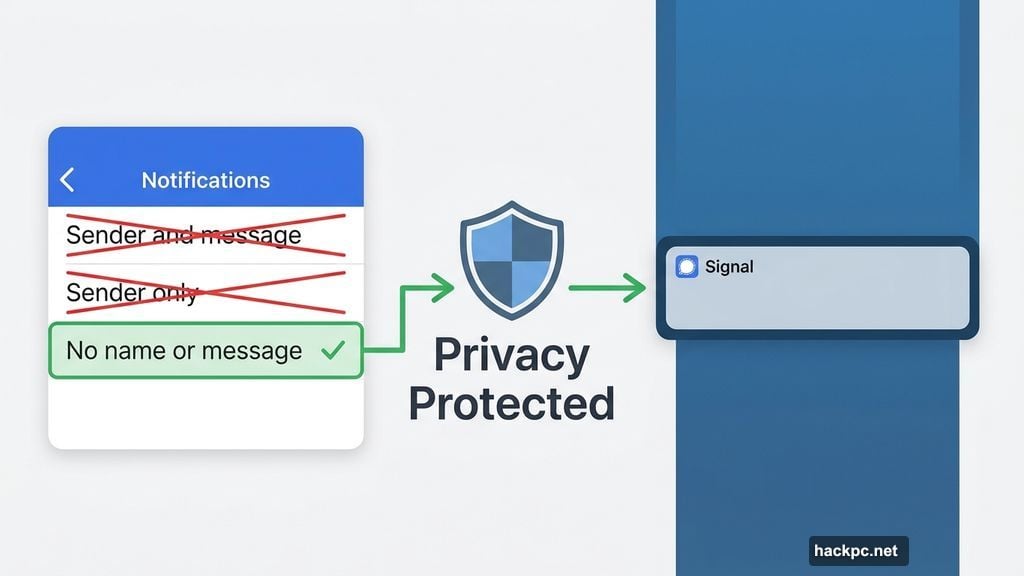Signal notification settings with No name or message option selected