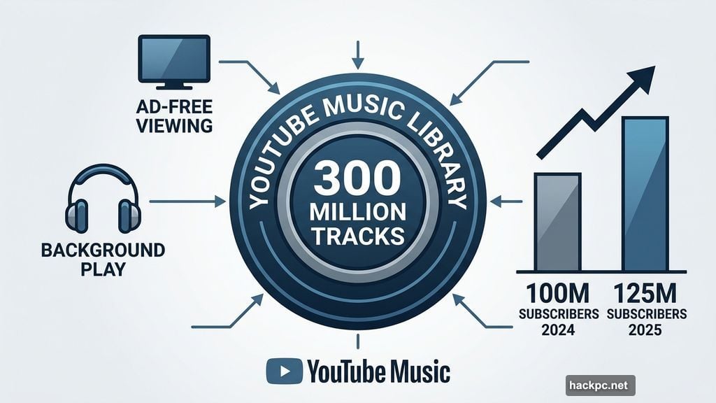 YouTube Music library with 300 million tracks and 125 million subscribers