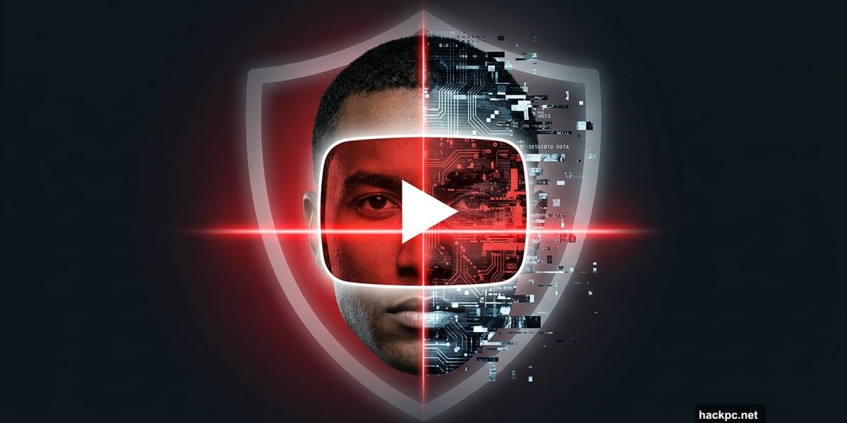 YouTube play button scanning split real versus AI deepfake face