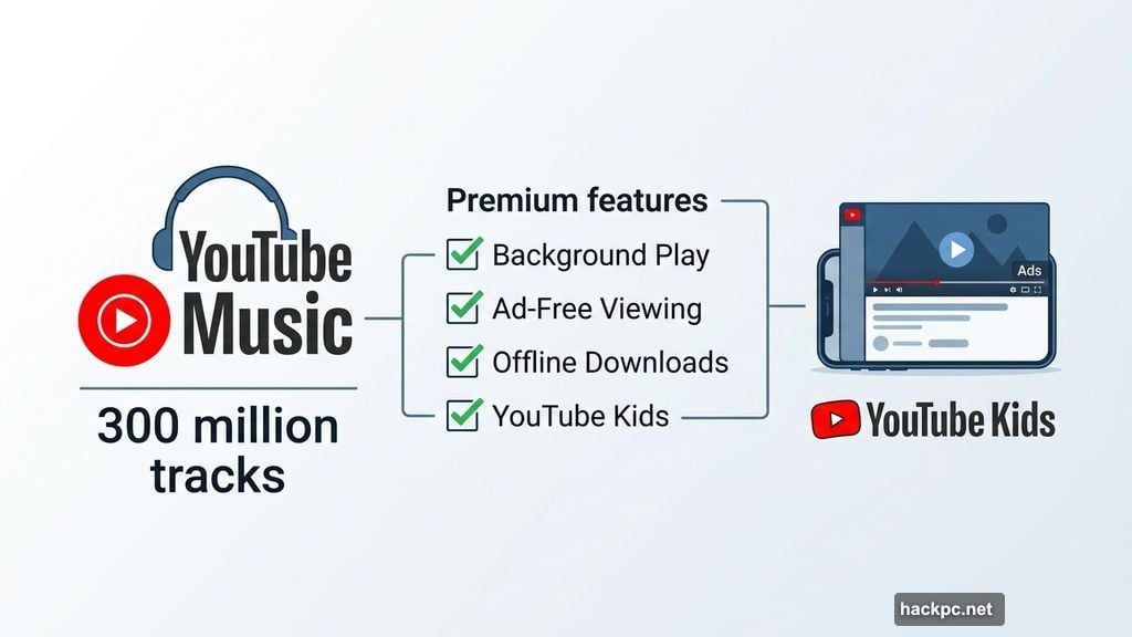 YouTube Premium features include ad-free viewing and YouTube Music catalog