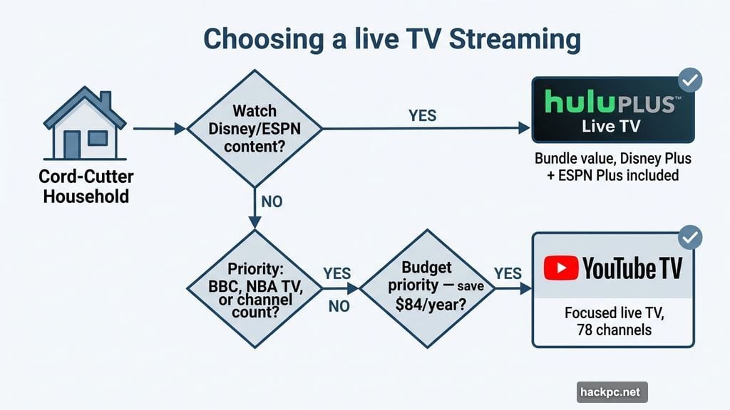 Decision flowchart helping cord-cutters choose between YouTube TV and Hulu