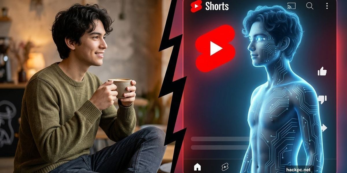 Human creator mirrored by glowing AI digital avatar clone on YouTube