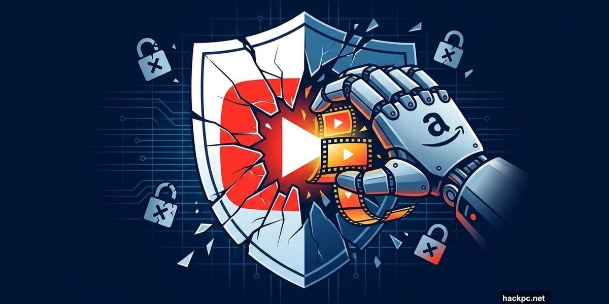 Amazon AI hand breaking through YouTube shield stealing video content