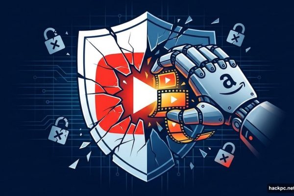 Amazon AI hand breaking through YouTube shield stealing video content