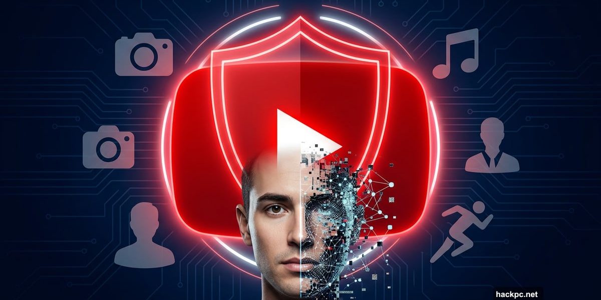 YouTube shield protecting a face split between real and AI deepfake