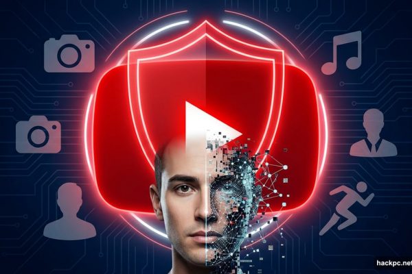 YouTube shield protecting a face split between real and AI deepfake