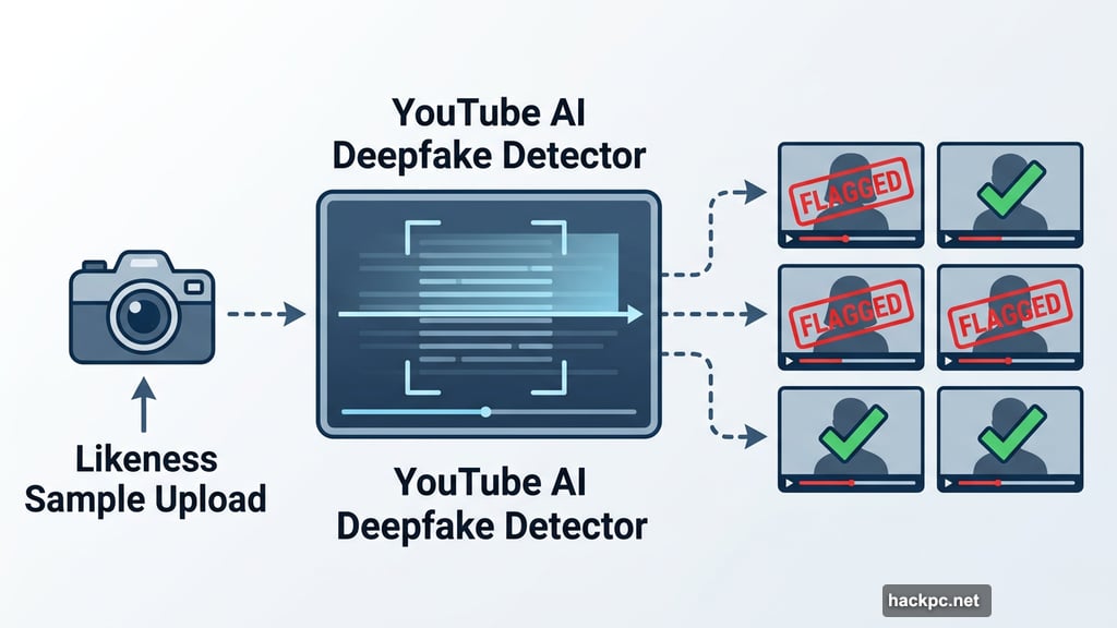 YouTube AI deepfake detector scans uploads and flags unauthorized likeness copies