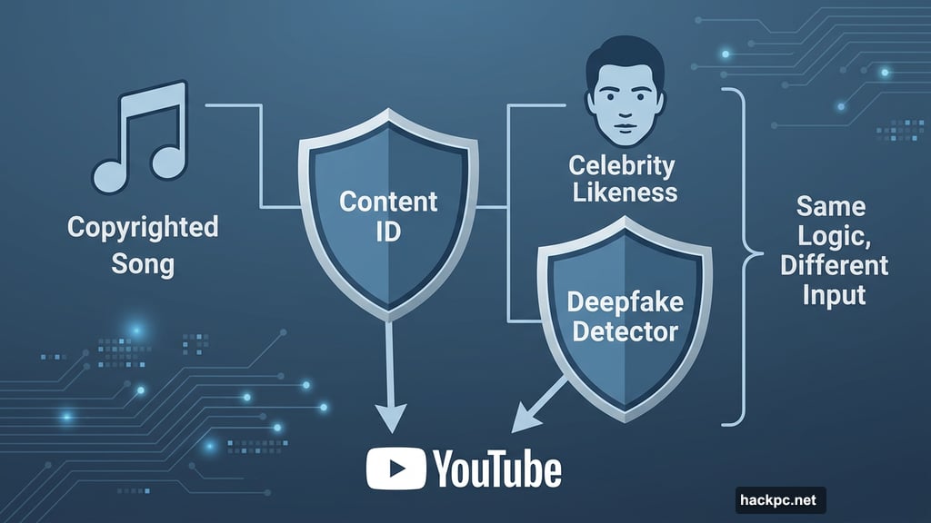 Content ID for songs versus deepfake detector for celebrity faces comparison