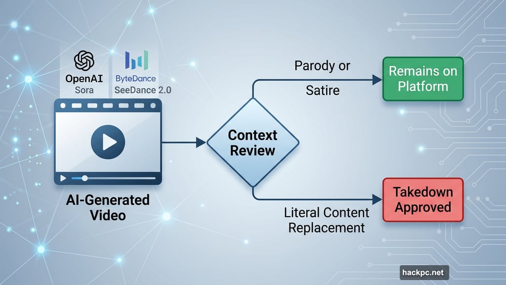 YouTube takedown decision flowchart separating parody from literal content replacement
